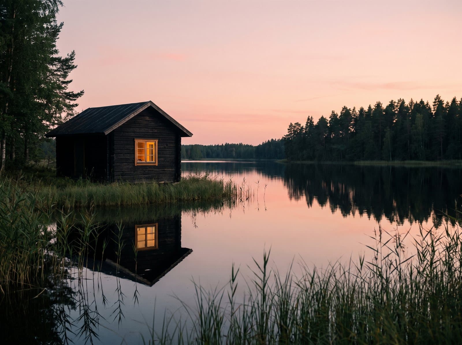 Sjöstugan — Tio meter från vattenbrynet, med kvällssolen i väster.